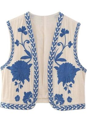 Cream Embroidered Open-Front Vest with Blue Trim